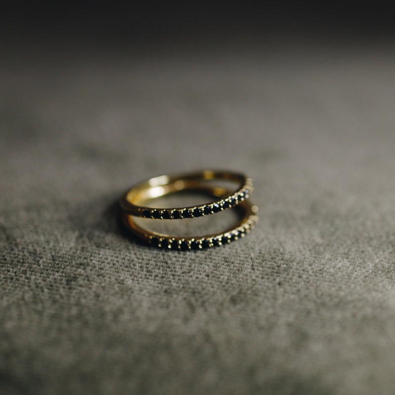 Klara ring with twin 18k gold plated bands and black cubic zirconia stones