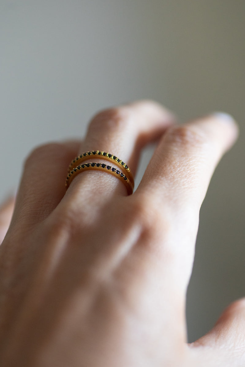 Klara ring with twin 18k gold plated bands and black cubic zirconia stones